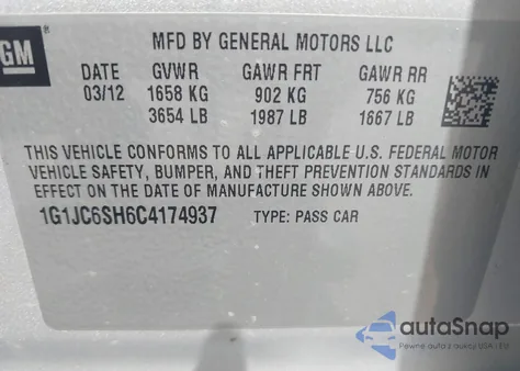 2012 Chevrolet Sonic 2Lt z USA, uszkodzony, nr VIN 1G1JC6SH6C4174937